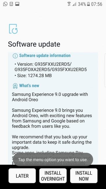 Обновление весит почти 1,3 ГБ и, в дополнение к наличию более новой системы, представляет обновленную крышку Samsung Experience 9